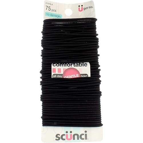 Scunci No-Damage Black Hair Elastics, 75 Count - All Day Hold, Rubber Hair Ties