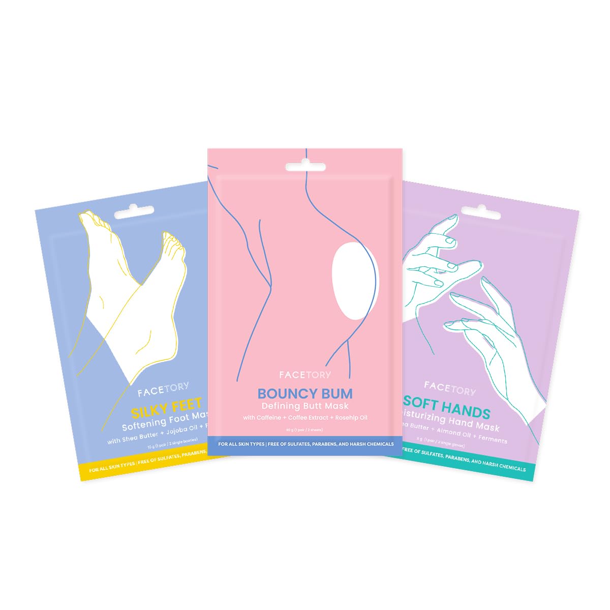 Facetory Body Spa Sheet Mask Bundle - 3 Korean Masks For Feet, Hands & Butt - Hydrating & Nourishing