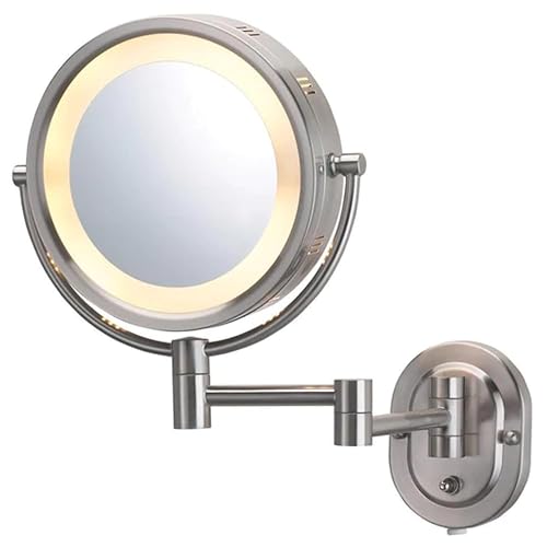 Jerdon Two-Sided Wall-Mounted Makeup Mirror With Halo Lighting & 5X Magnification, Nickel Finish