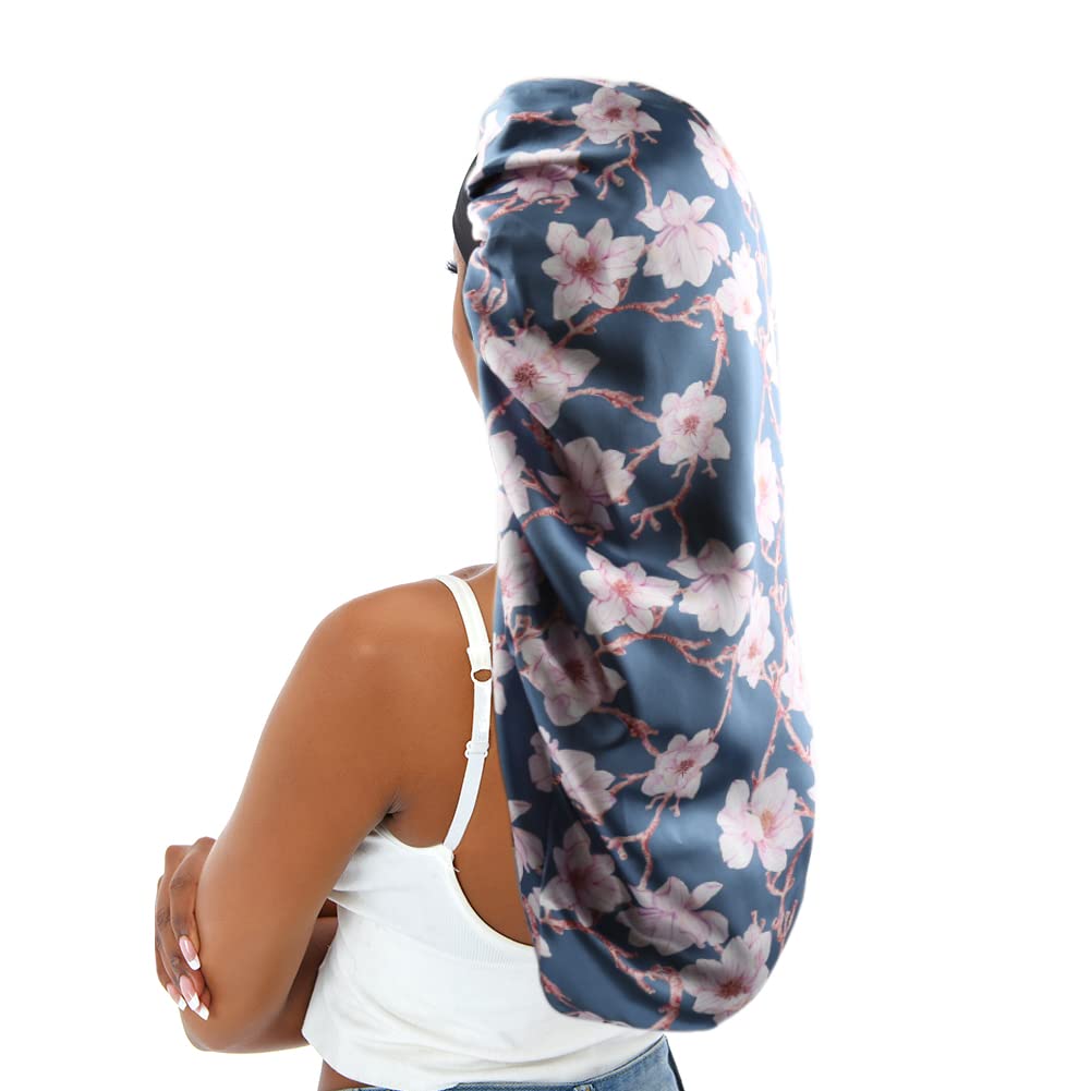 Sent Hair Extra Large Satin Sleep Bonnet for Women - Double-Layer, Blue Floral, Silky Comfort