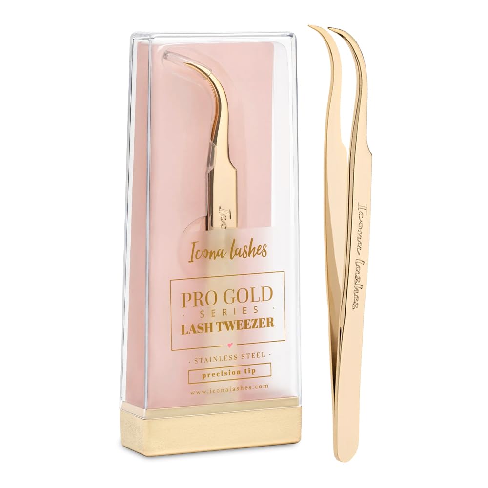 Icona Lashes Eyelash Tweezer - J-Curve Stainless Steel, 24K Gold, Precision Plucking Tool