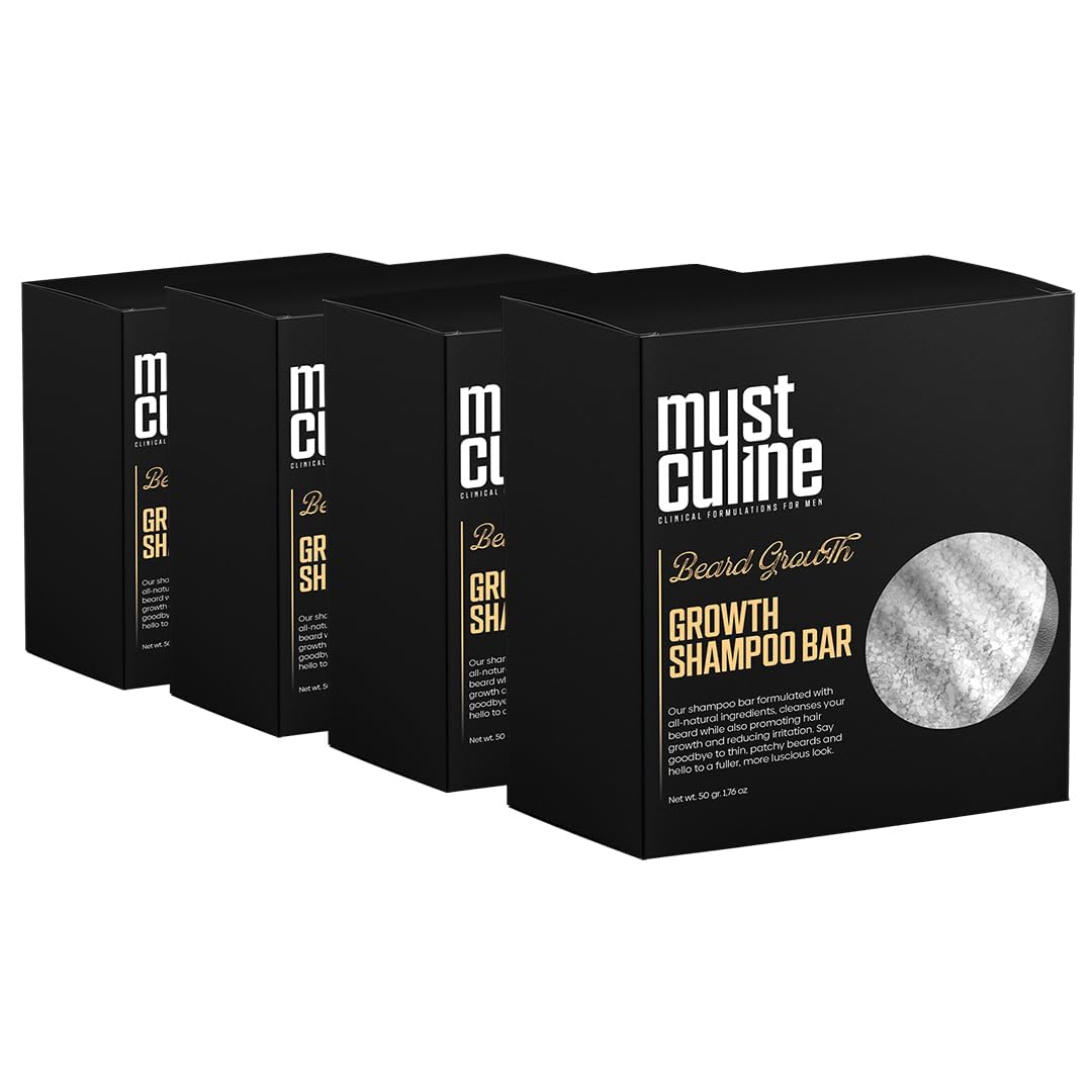 Mustculine Beard Shampoo Bar - Hair Growth & Loss Prevention, 4-Pack, 0.44 Ounce Each