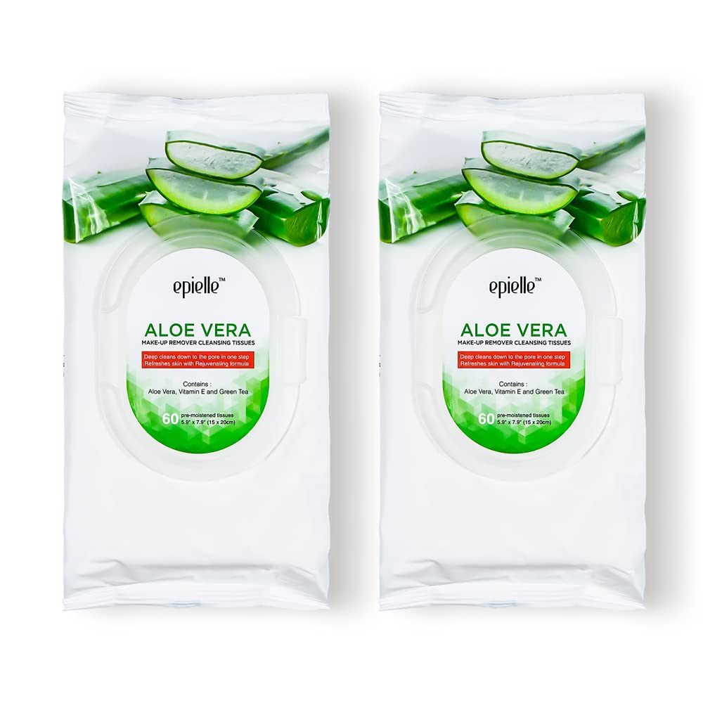 Epielle Aloe Vera Makeup Remover Wipes - 60 Count, 2 Pack - Perfect For Gifts & Stocking Stuffers