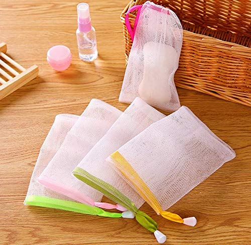 Akoak 10 Pcs Exfoliating Soap Pouches - Mesh Bubble Foam Net Drawstring Holder, Random Color