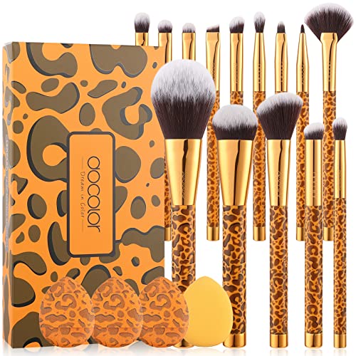 Docolor 14pcs Leopard Makeup Brush Set - Premium Synthetic Foundation, Powder & Blush Brushes