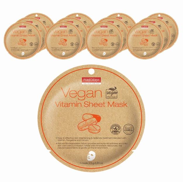 Purederm Vegan Vitamin Sheet Masks - 12 Pack Facial Masks For Brightening & Radiance Treatment