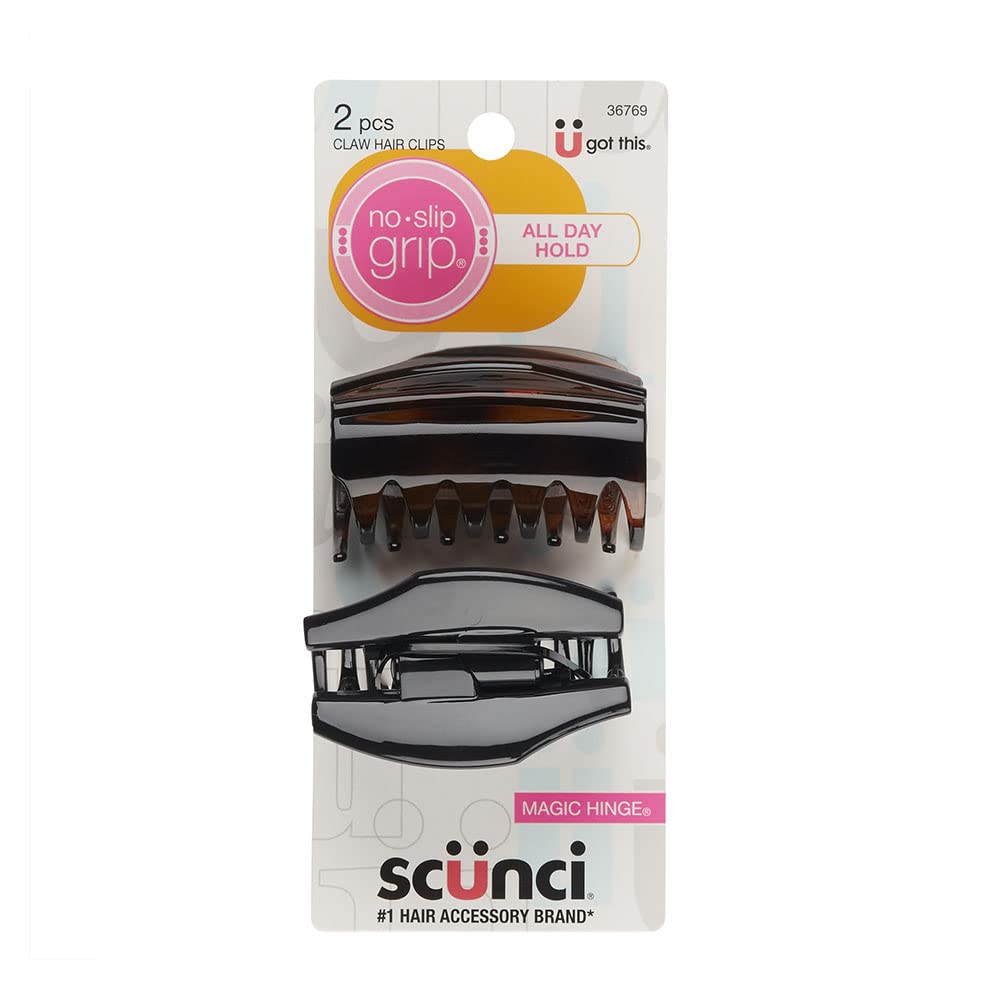 Scunci By Conair No-Slip Grip Claw Hair Clips, Brown & Black, 2 Count, All Day Hold