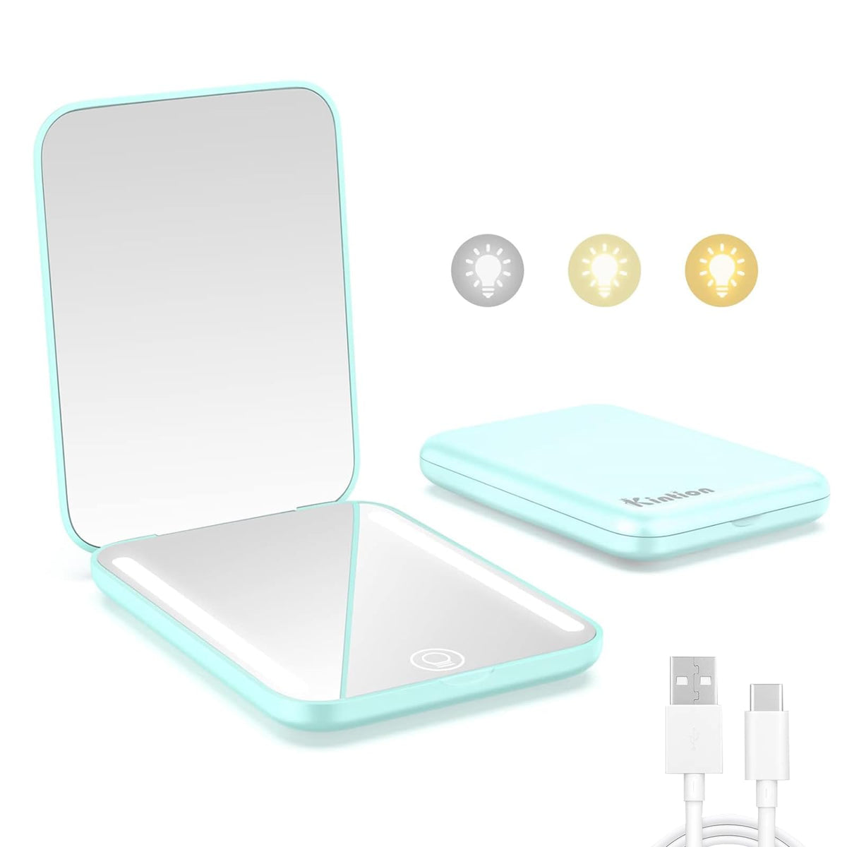 Kintion Double Sided Pocket Mirror - 1X/3X Magnification, Dimmable Light, Compact & Portable, Cyan