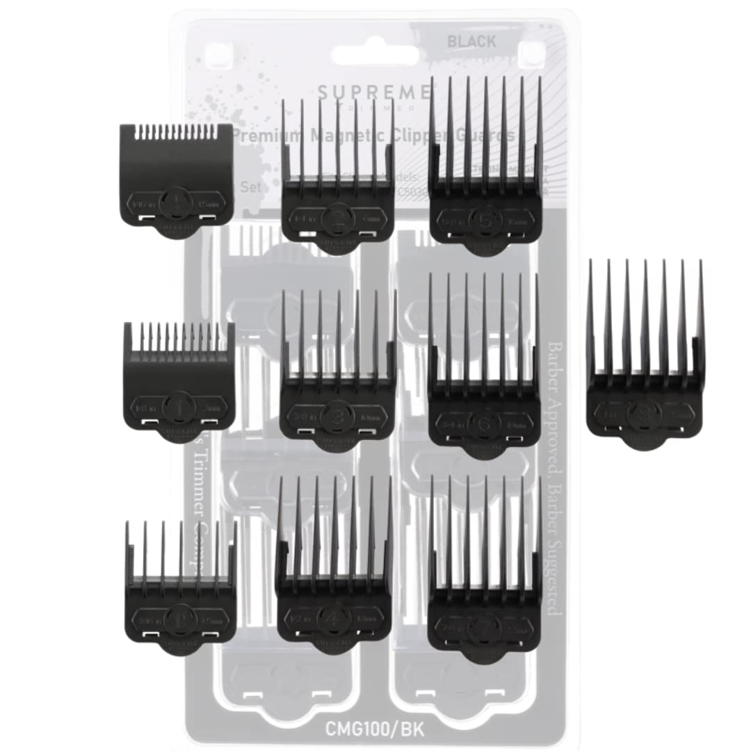 Supreme Trimmer Magnetic Guide Combs | 10-Length Clipper Guards, Black Cmg100