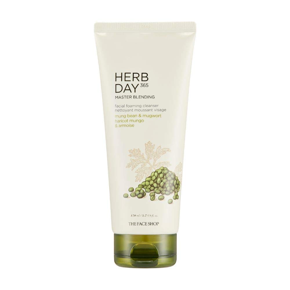 The Face Shop Herb Day 365 Cleansing Foam - Mung Bean & Mugwort, Hydrating Facial Cleanser 5.7Oz