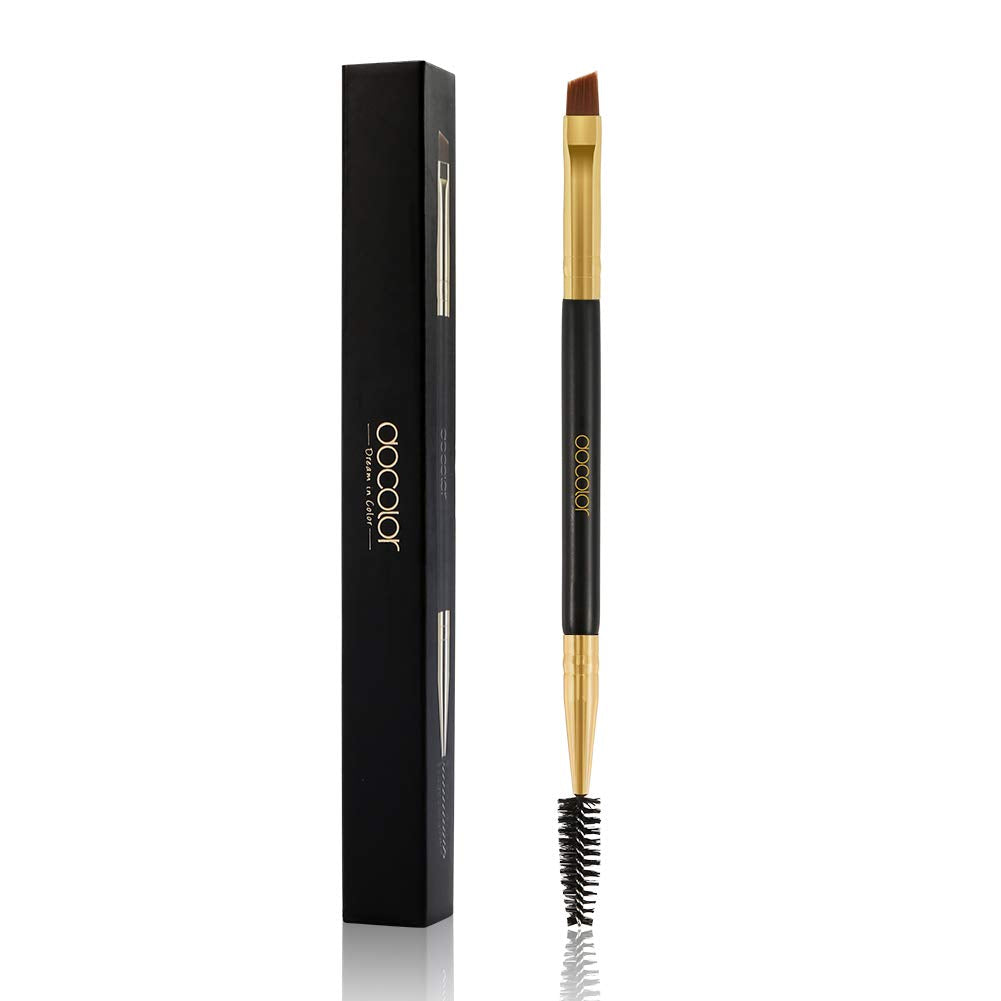 Docolor Duo Eyebrow Brush Set - Professional Angled Brush & Spoolie, Black Wood Handle