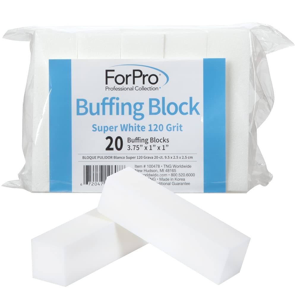 ForPro Super White Buffing Block, 120 Grit, Four-Sided Nail Buffer, 20-Count, White Foam