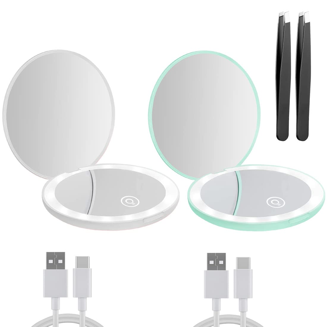 Milishow 2Pc Led Compact Mirror, 1X/10X Magnifying, Rechargeable, Dimmable Handheld Makeup