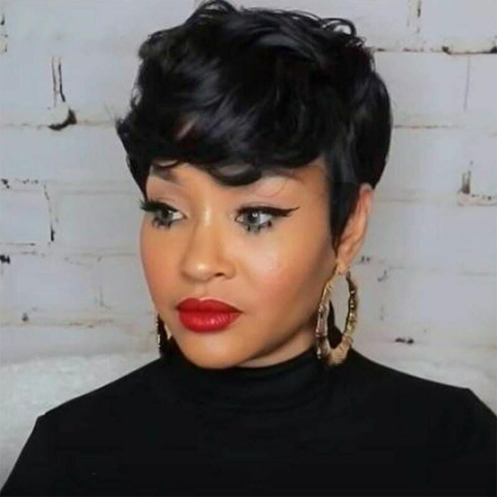 Moonshow Black Short Curly Pixie Wig For Women - Synthetic Wig With Bangs