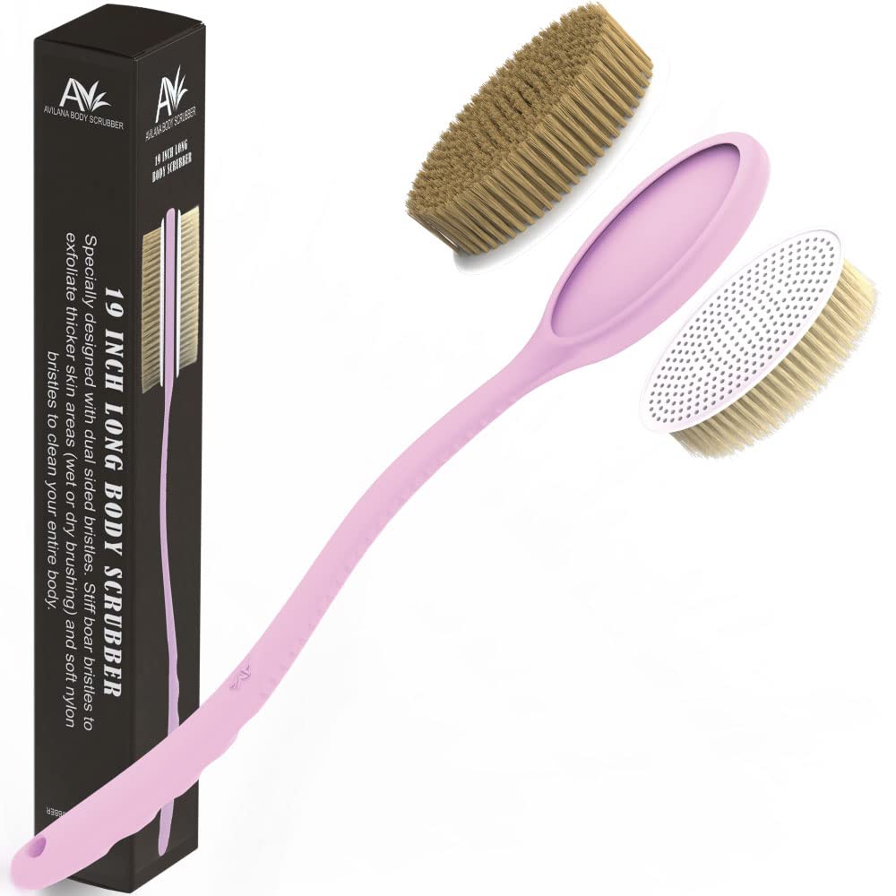 Avilana Pink Shower Body Brush With Long Curved Handle & Replaceable Silicone Pads