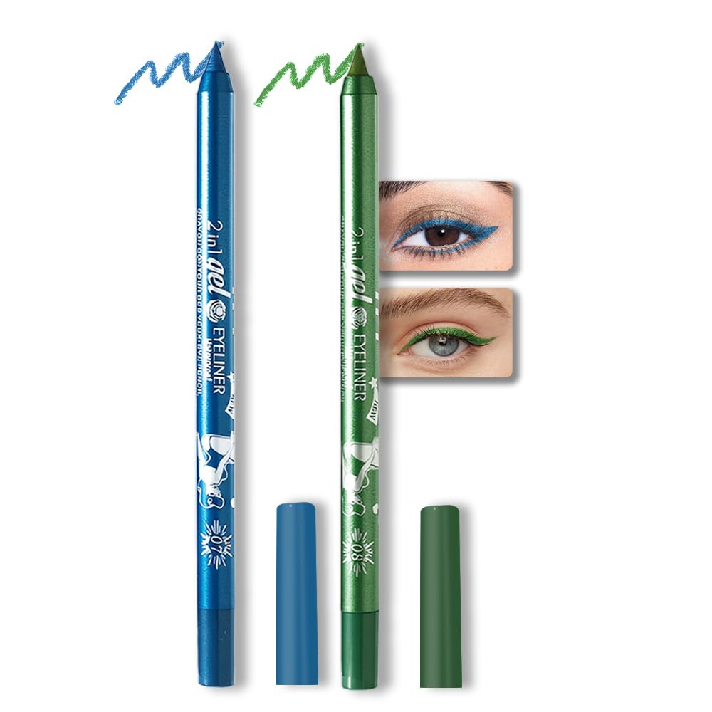 Kaely 2Pcs Waterproof Smudge-Proof Gel Eyeliner Pencil - Sky Blue & Green, Sharpenable