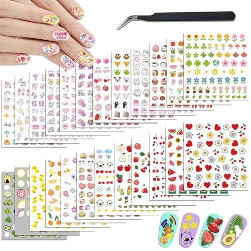 Basifa 24 Sheets Nail Stickers For Girls - Bunny, Duck, Cake, Flower, Fruit Designs With Tweezers