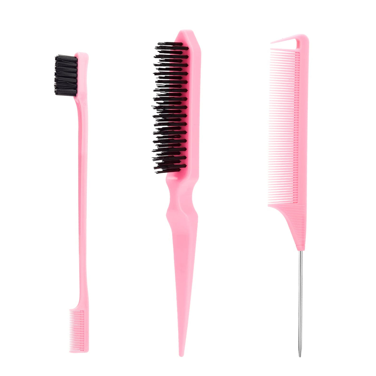 Sweet View 3 Pcs Hair Brush Set - Edge Brush, Bristle Brush, Rat Tail Comb - Pink