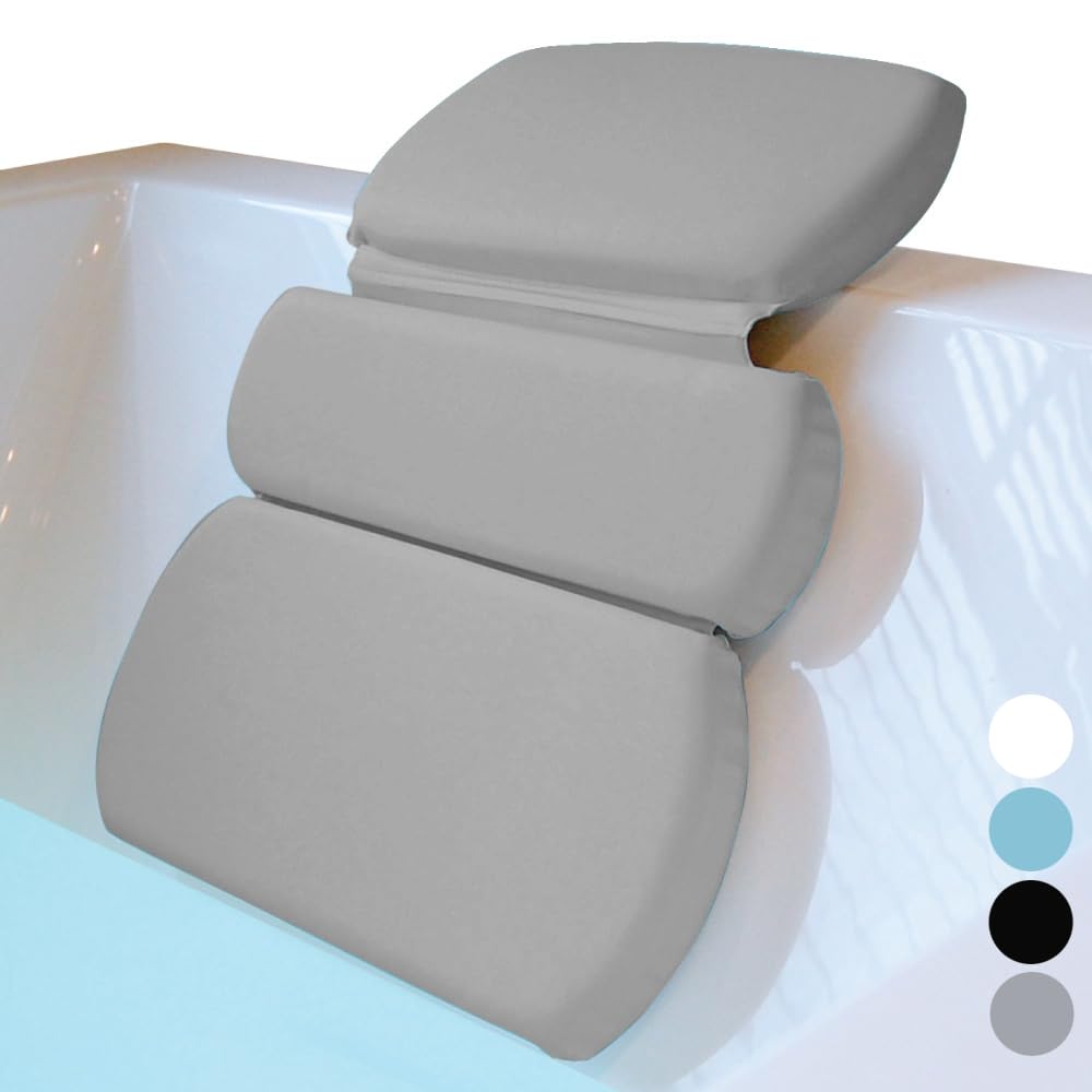 Gorilla Grip Bath Pillow - 3 Panel Gray Foam Headrest With Improved Suction For Spa Relaxation