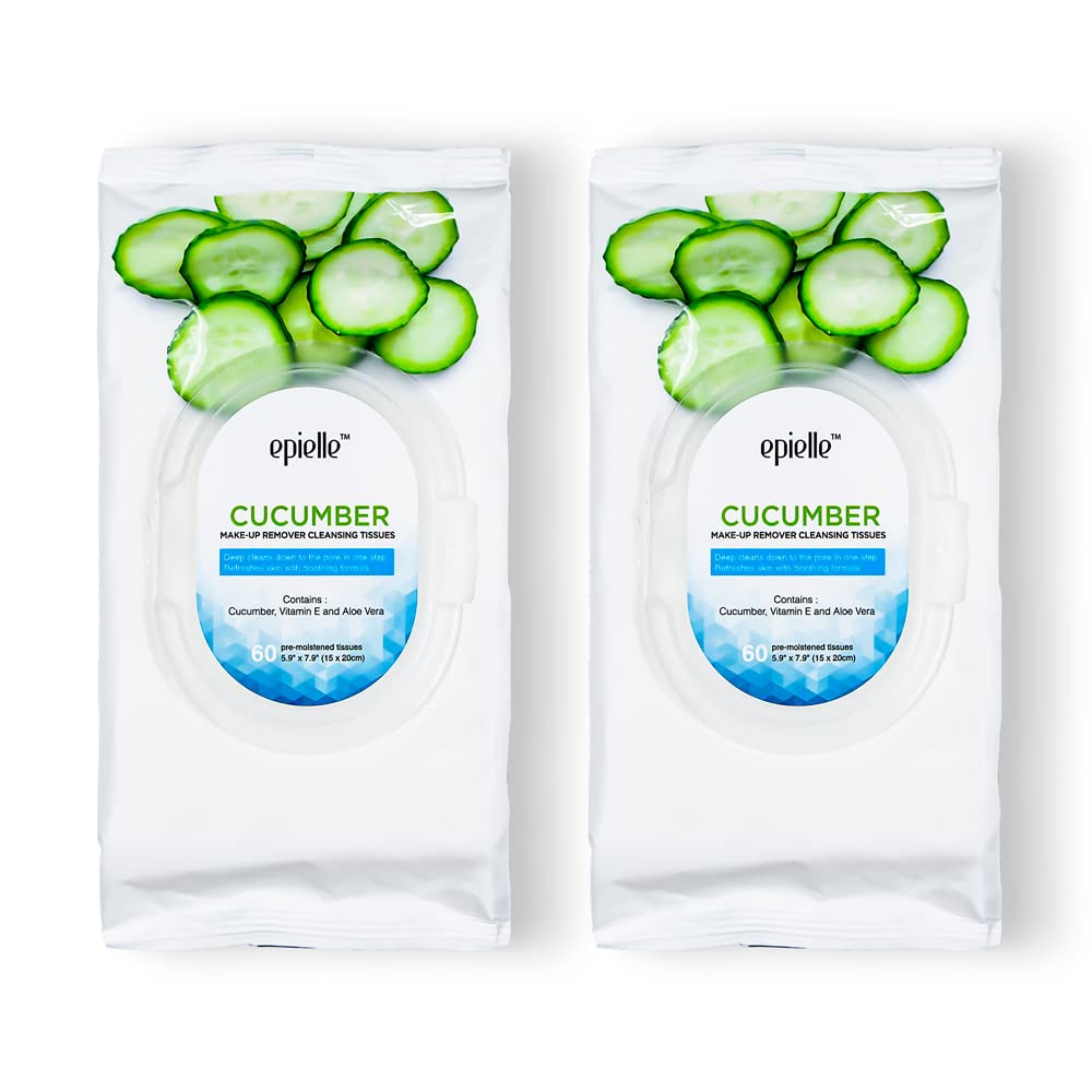 Epielle Cucumber Makeup Remover Cleansing Wipes, 60 Count, 2 Pack - Beauty Gift