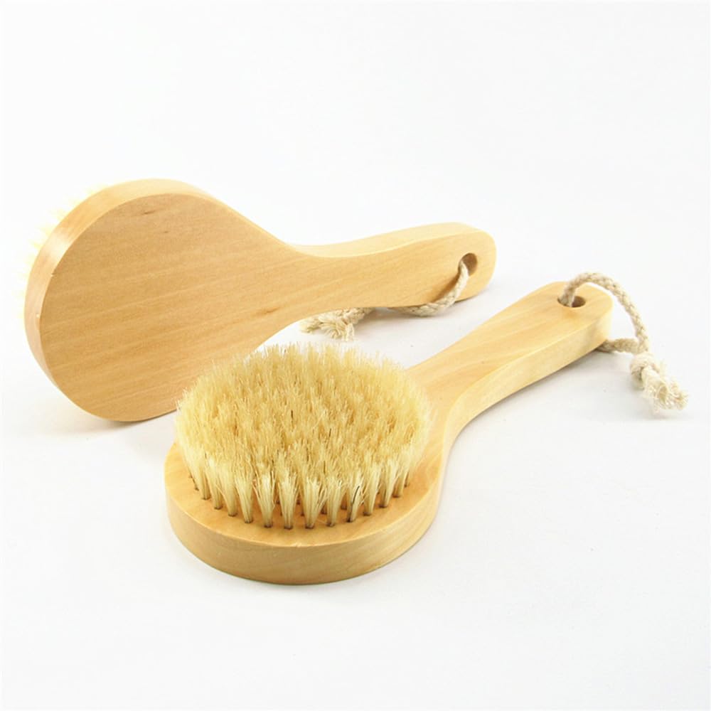 Hikin Wooden Short Handle Dry Body Brush, 7.87&quot; Natural Bristles For Bath & Shower Scrubbing