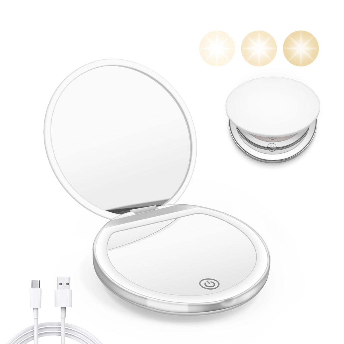 Kakuje Compact Mirror With Light, 1X/3X Magnification, Usb, Travel-Friendly - White