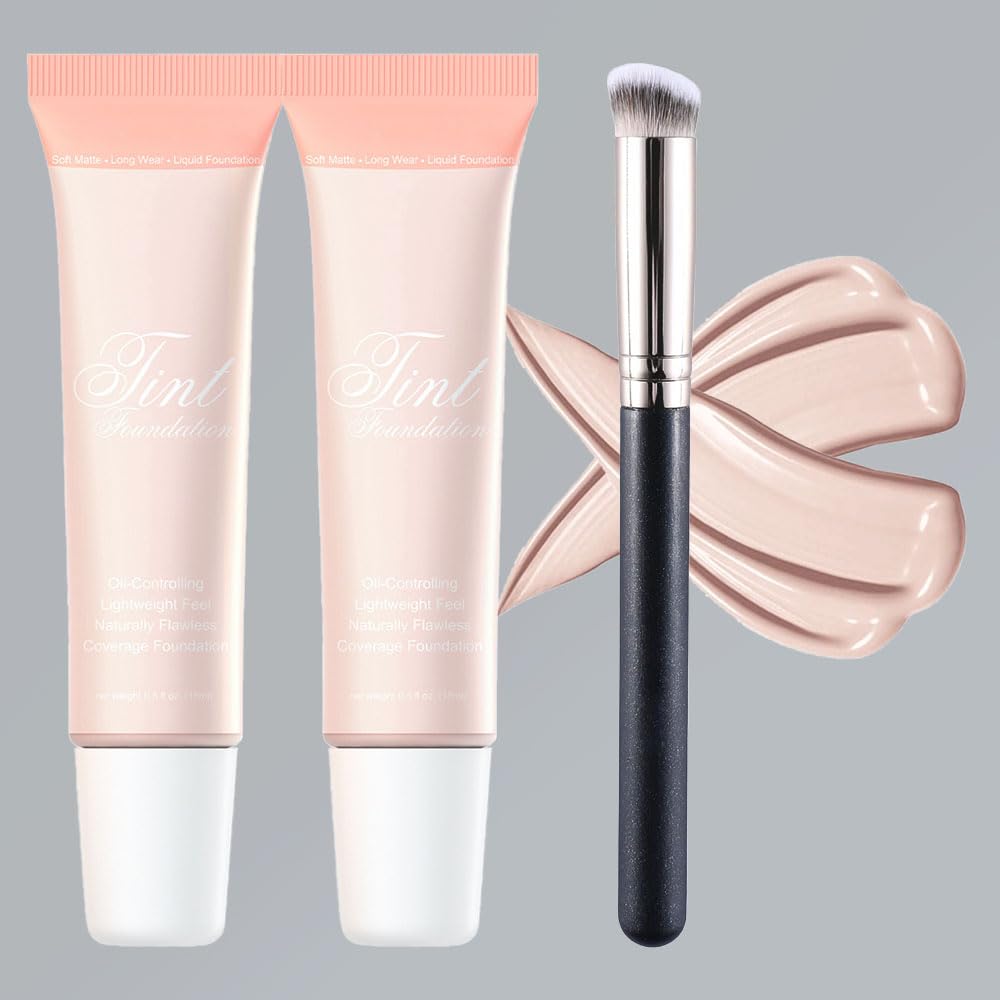 Suake 2 Pack Liquid Foundation Cream & Brush, Waterproof Full Coverage Makeup - #01, 1 Fl Oz