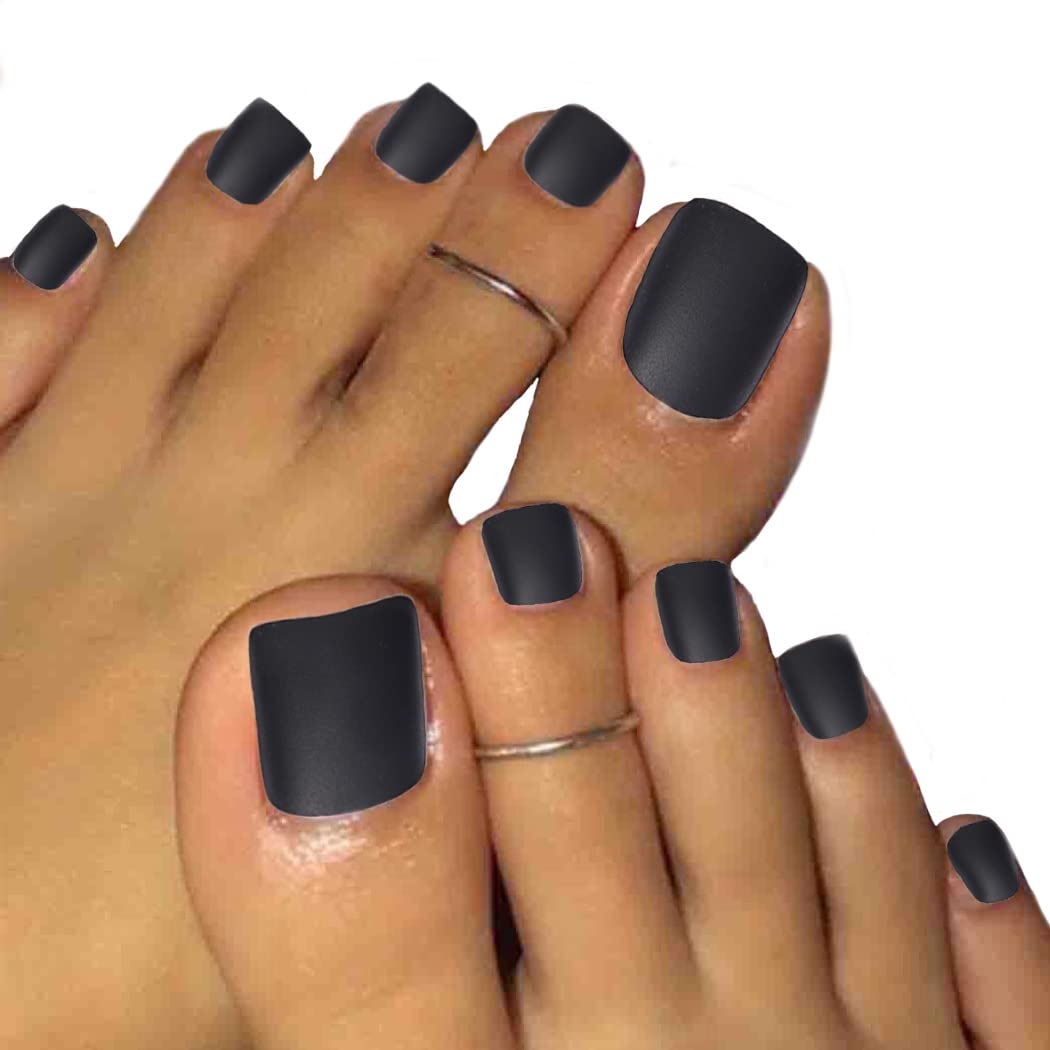 Outyua Black Matte Fake Toenails - 24 Pcs Acrylic Full Cover Press on Toe Nails for Women