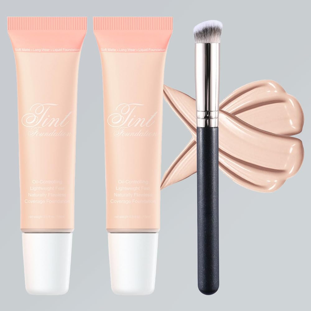 Suake 2 Pack Liquid Foundation Cream With Brush, Full Coverage Matte, Waterproof, Oil Control