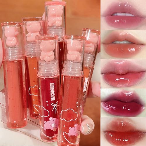 Lucknest 6Pcs Bear Lip Glaze Jelly Lipstick Set - Waterproof, Moisturizing, Long Lasting Lip Gloss