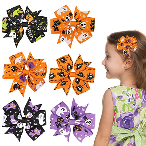 Sibba Halloween Hair Bows Clips - 6 Pack Pumpkin & Bat Pattern Barrette Accessories For Girls