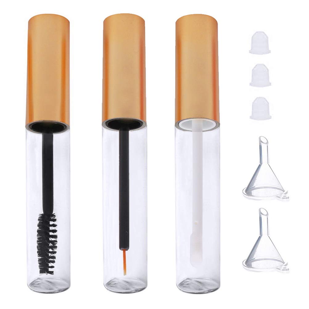 Pengxiaomei 10Ml Gold Empty Mascara, Eyeliner & Lip Gloss Tubes With Funnels - 3Pcs Set