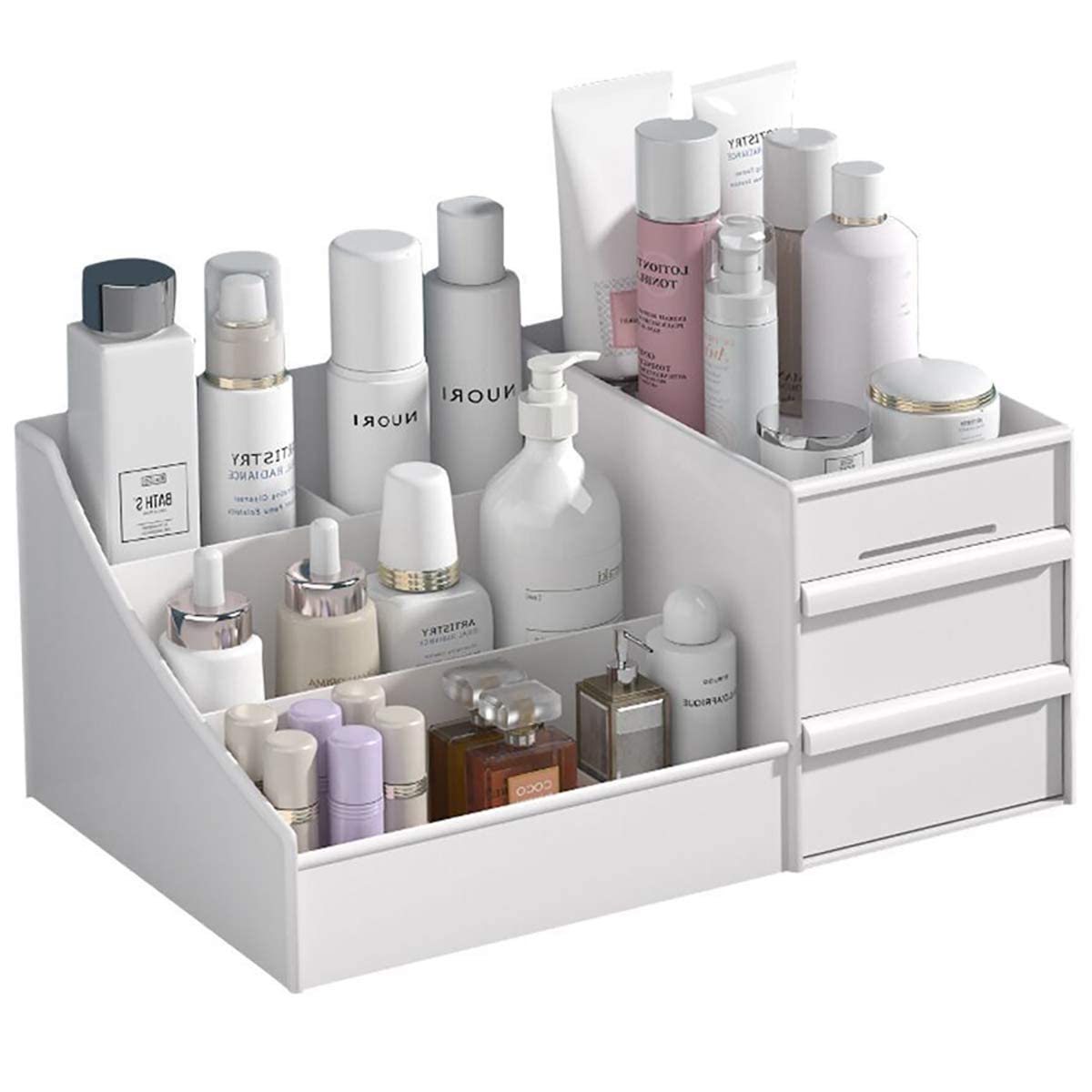 POFUOT White Makeup Desk Organizer with Drawers - Cosmetic & Vanity Brush Holder