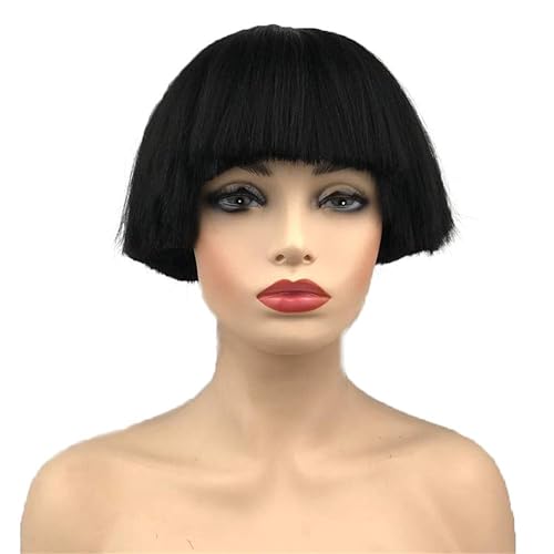 Aimole Short Yaki Straight Synthetic Wig - Black Mushroom Bowl Cut Bob - Natural Black 1B