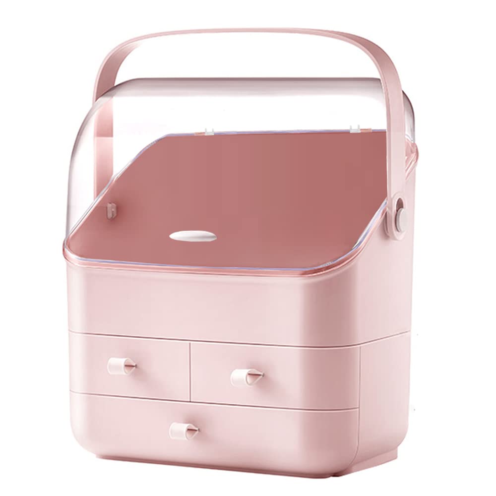 Linfidite Pink Waterproof Makeup Organizer Box With Lid, Portable Handle & Drawers For Storage