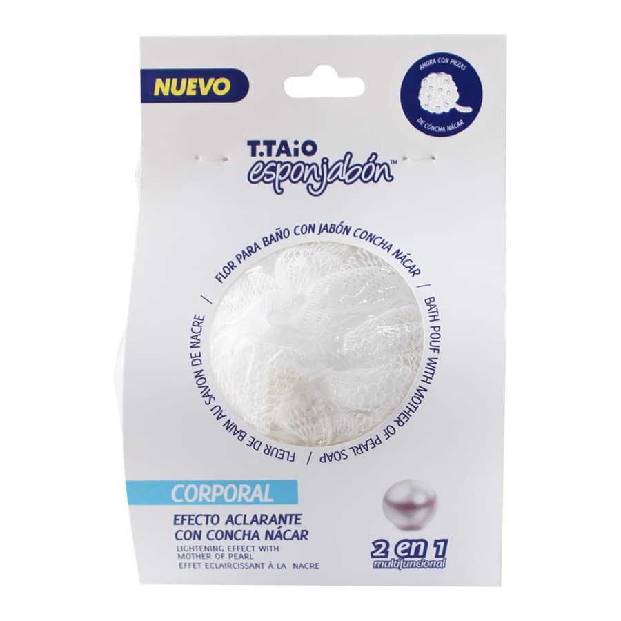 T.Taio Esponjabon Bath Sponge With Integrated Nácar Shell Soap, White, 1 Count