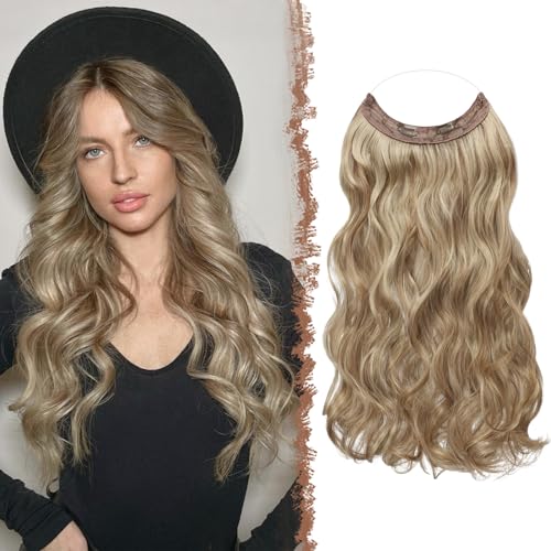 FESHFEN 20 Inch Invisible Wire Hair Extensions - Curly Wavy Synthetic Hairpieces, Caramel Brown Ash Blonde