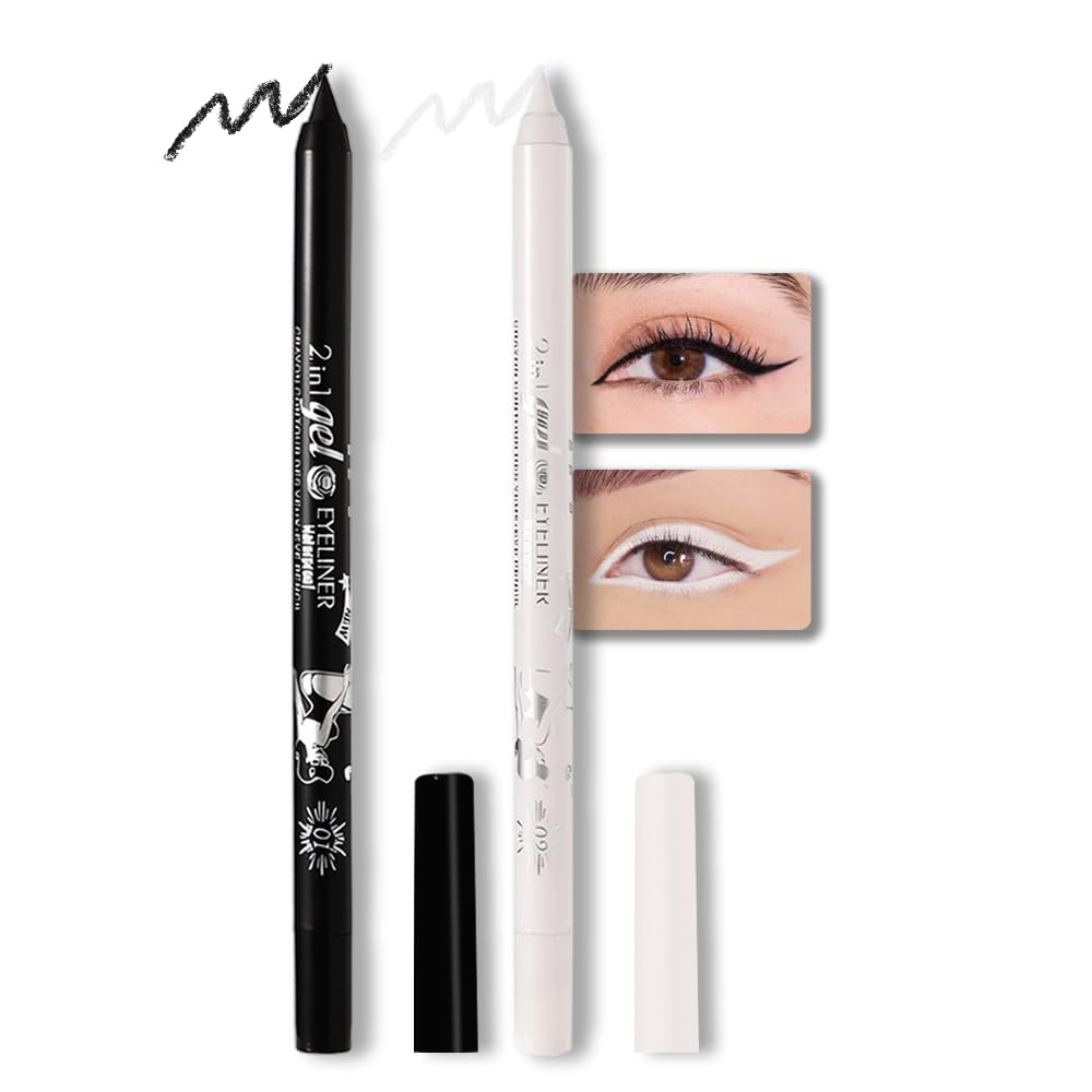 Kaely 2Pcs Waterproof Black White Pencil Eyeliner, Sharpenable Gel Eye Liner Pen, Long Lasting