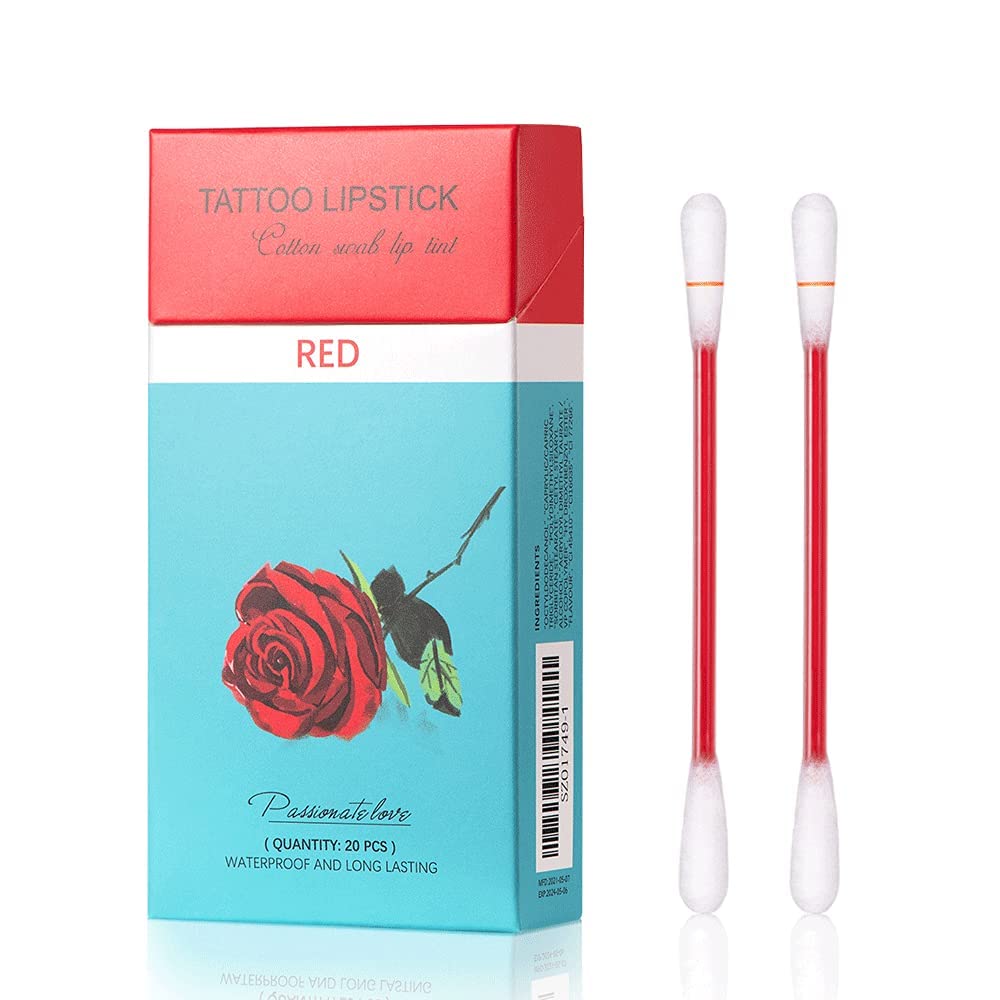 Flipnex 20Pcs Red Cotton Swab Tattoo Lipstick - Waterproof, Long Lasting Lip Gloss