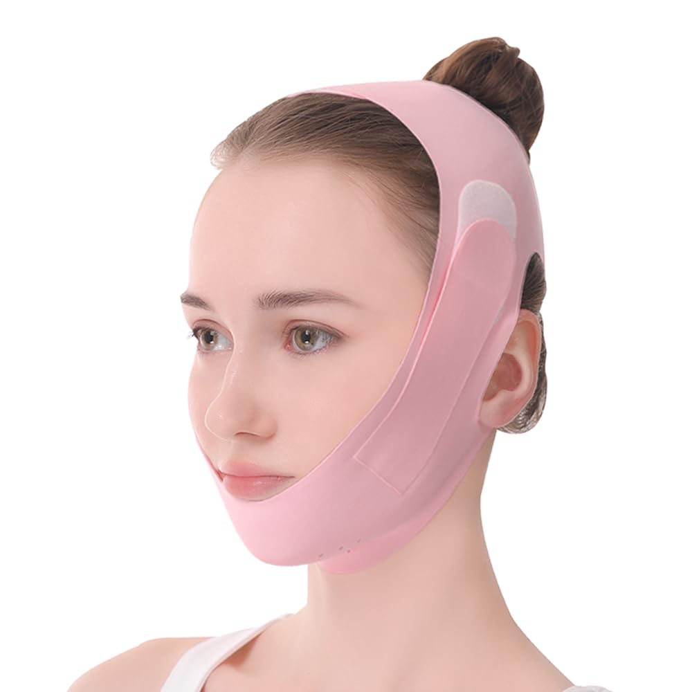 Fovcos V Line Lifting Mask - Pink Large Face Toning Strap & Jaw Exerciser, Washable & Reusable