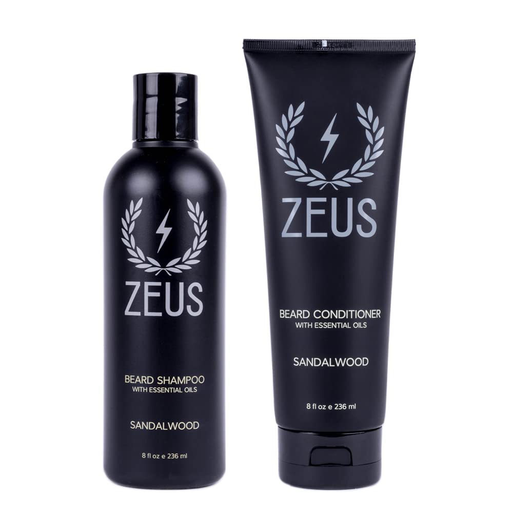 Zeus Beard Wash & Conditioner Set, Green Tea, Sandalwood - Hydrate & Soften For Men, 2 Piece