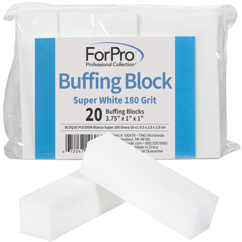 ForPro Super White Buffing Block, 180 Grit, Four-Sided Nail Buffer, 20-Count, Foam