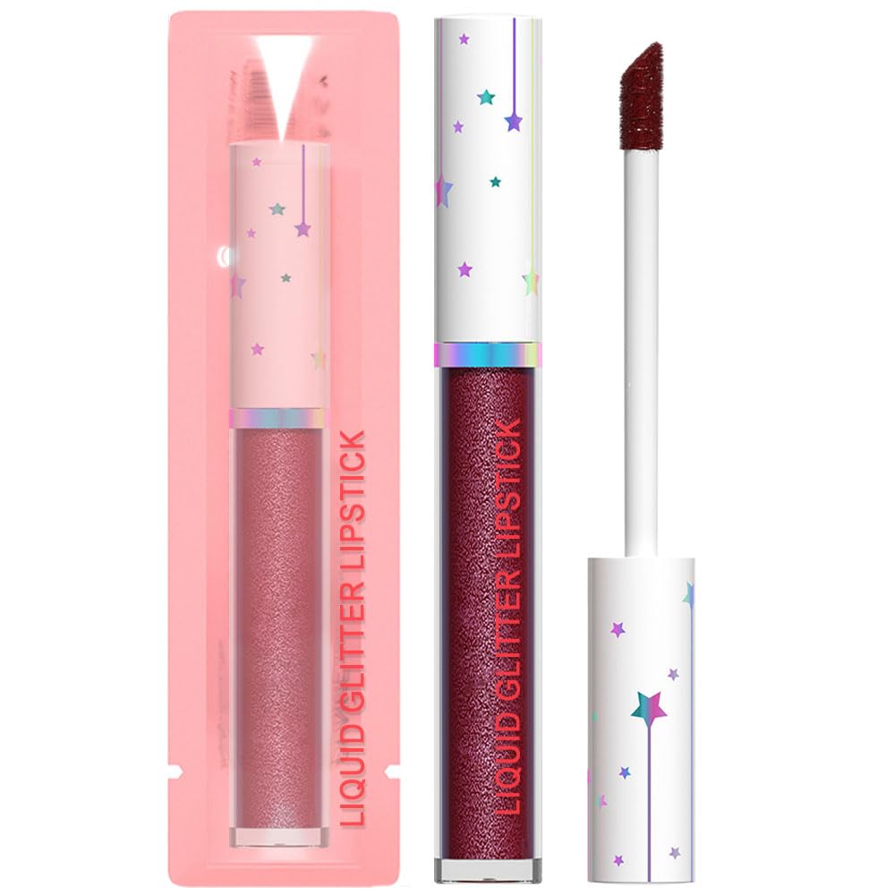 Evpct Dark Wine Red Metallic Glitter Lip Gloss - Long Lasting Waterproof Liquid Lipstick 02#