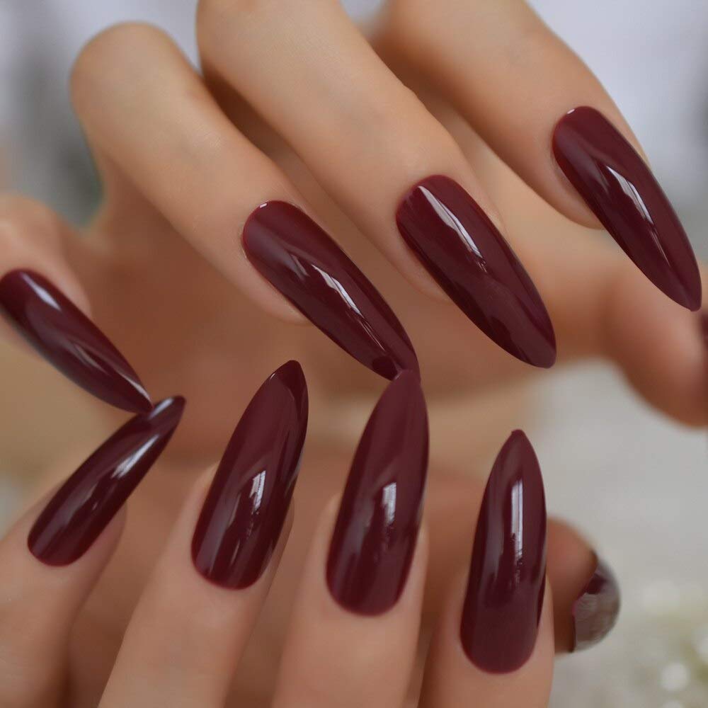 CoolNail Extra Long Burgundy Red Press On Nails, Gel Stiletto Fake Nails, 24 Count