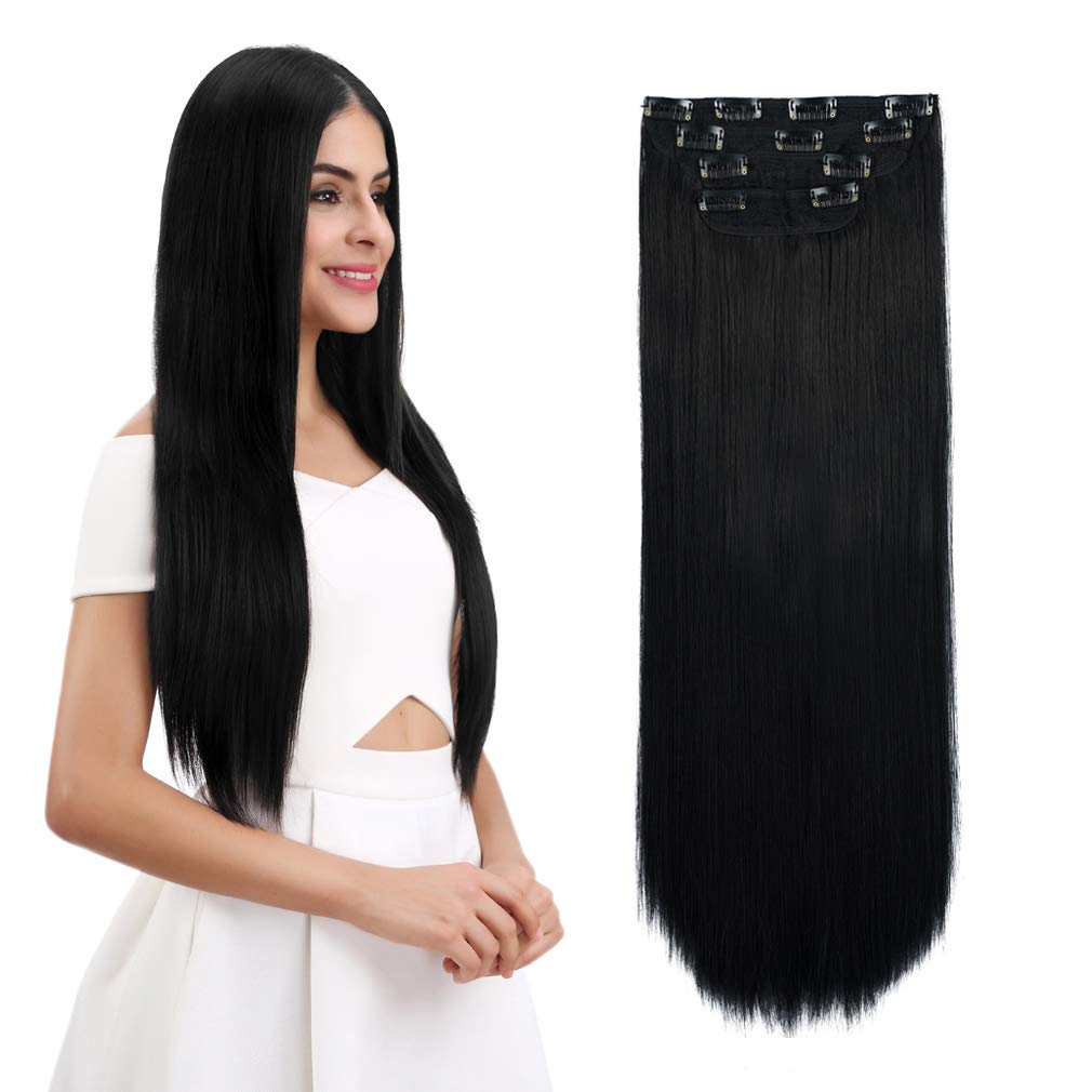 REECHO 26&quot; Straight Clip-In Hair Extensions, 4 PCS, Natural Black, 300g Synthetic Hair