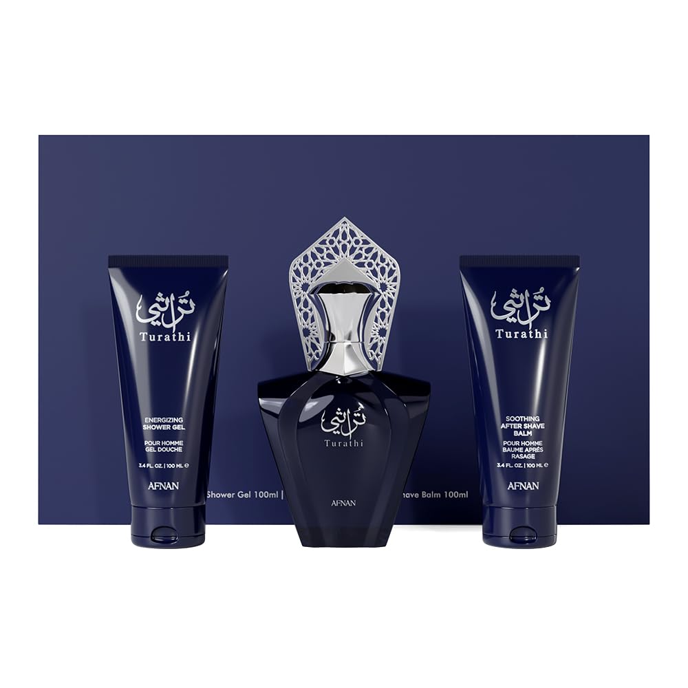 Afnan Turathi Homme Blue Gift Set – 100Ml Eau De Parfum, Shower Gel & After Shave For Men