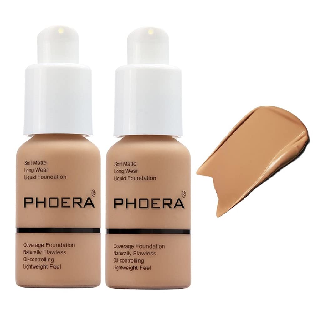 Phoera 2 Pack Foundation - Matte Oil Control, Waterproof Liquid Concealer, 105 Sand, 1 Fl Oz