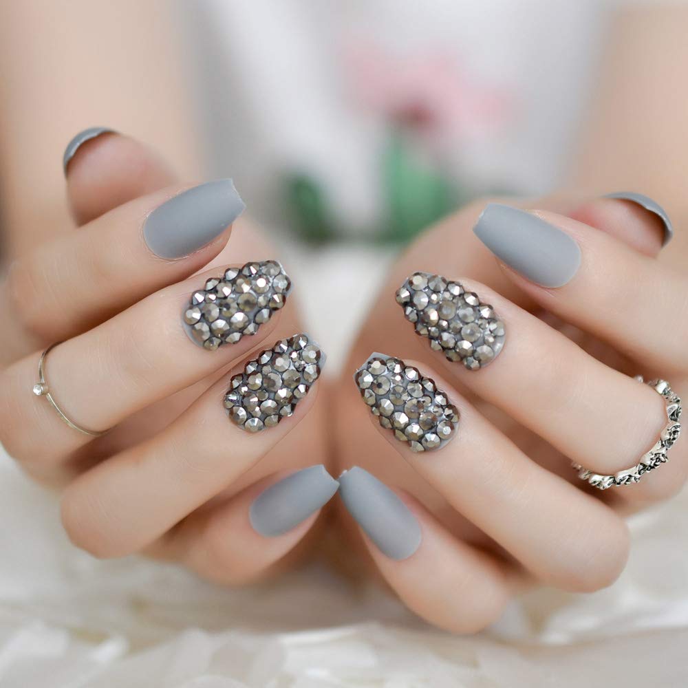 Coolnail Matte Gray Punk Press-On Nails with Rhinestones - Large Frosted Coffin Tips