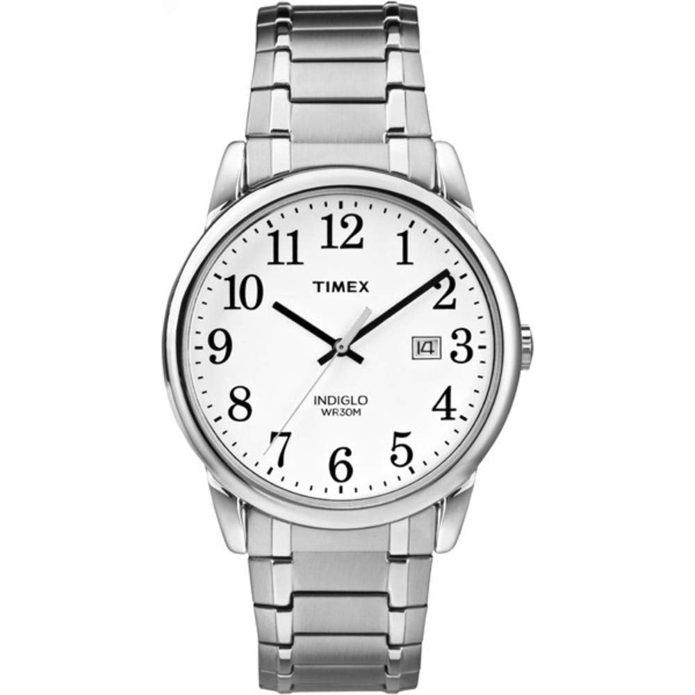 Timex Easy Reader Men'S Silver-Tone Stainless Steel Watch, 38Mm Expansion Band, White Dial