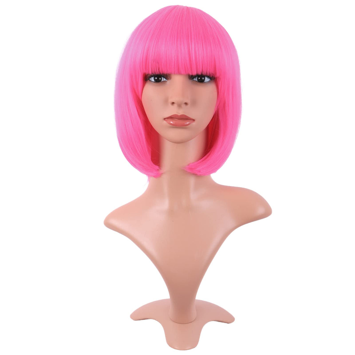 Mapofbeauty Neon Pink 12 Inch Synthetic Bob Wig With Flat Bangs For Fashionable Ladies